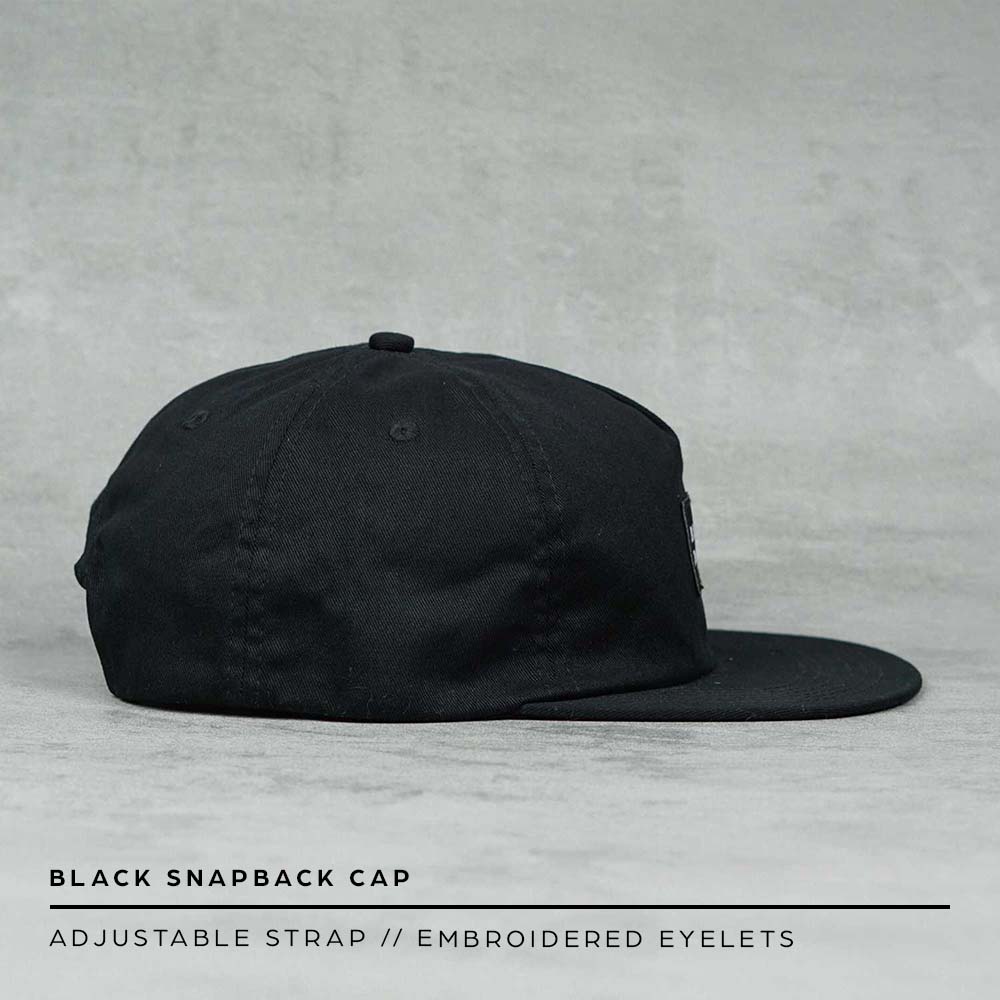 black snapback cap embroidered eyelets