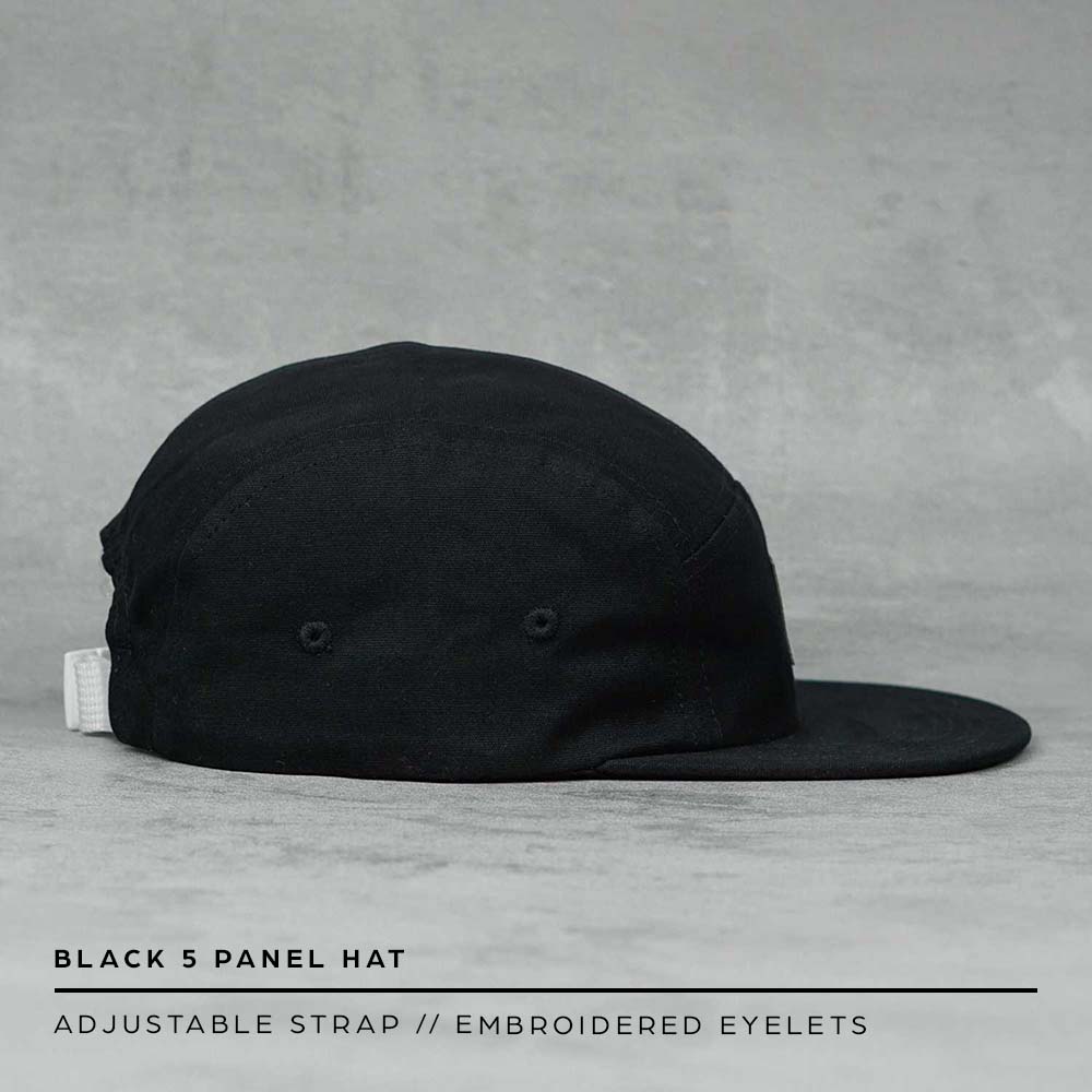 black five panel cap embroidered eyelets