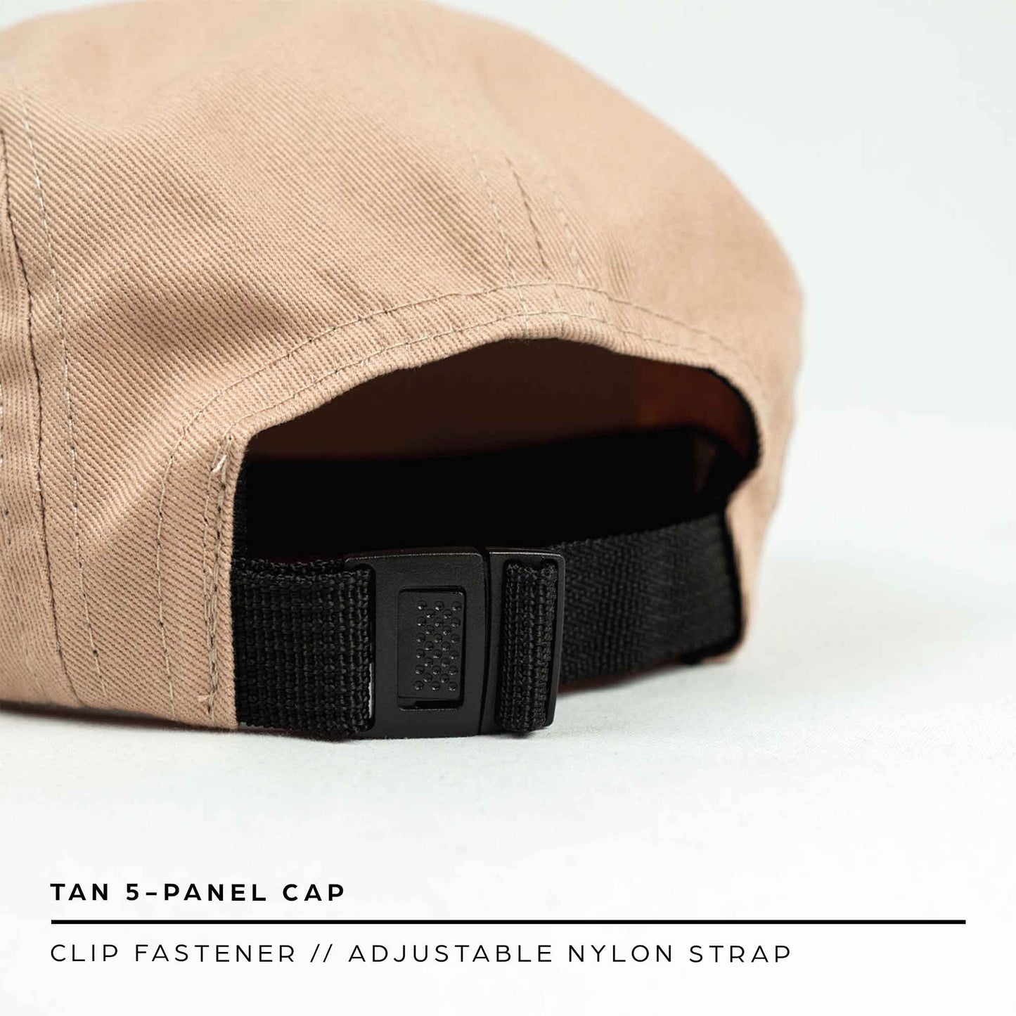 5 panel hat in tan with nylon strap