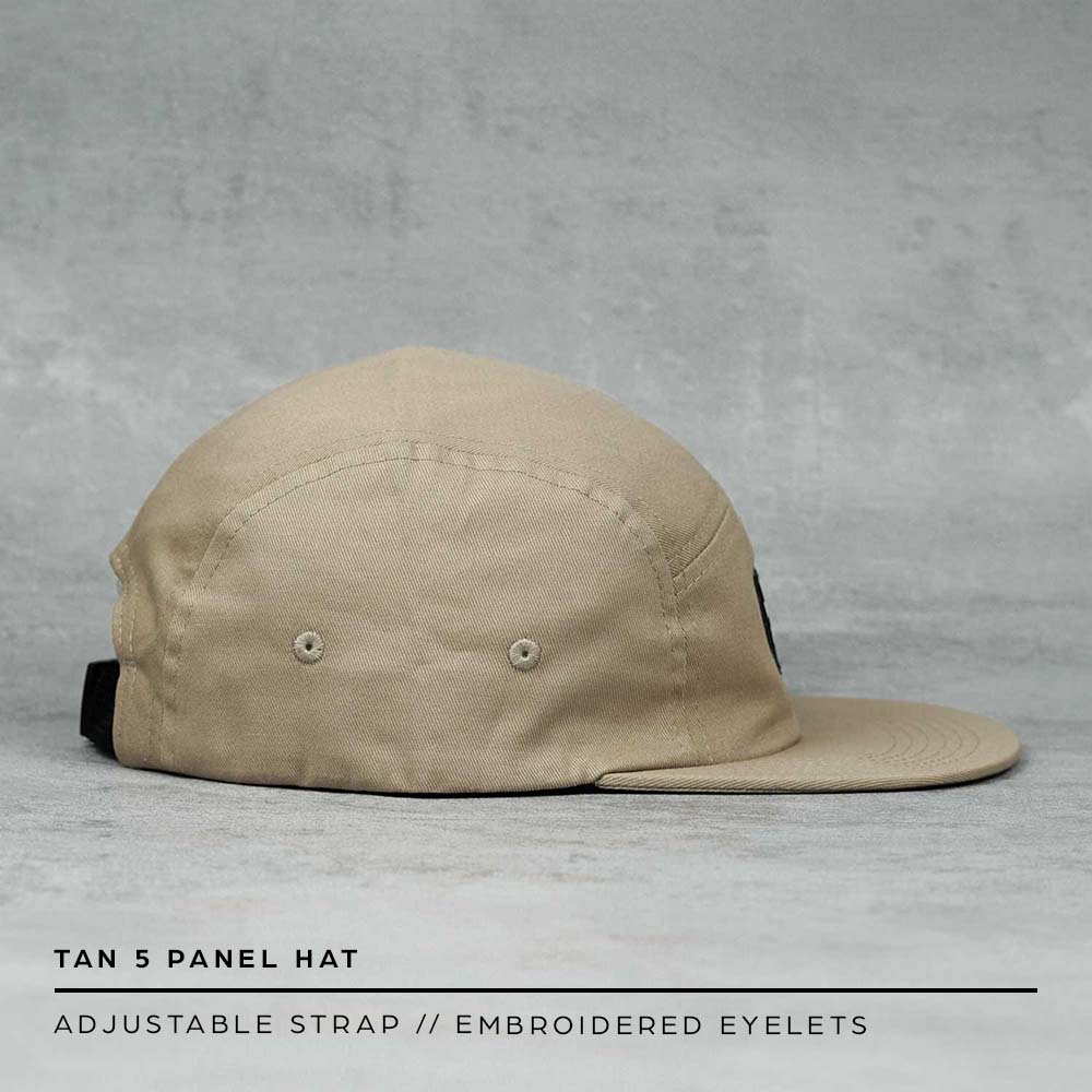 tan five panel hat embroidered eyelets