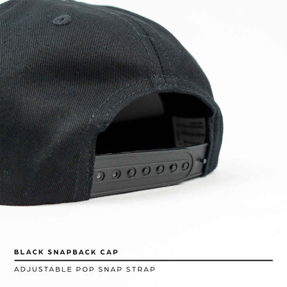 black snapback cap with pop fastener