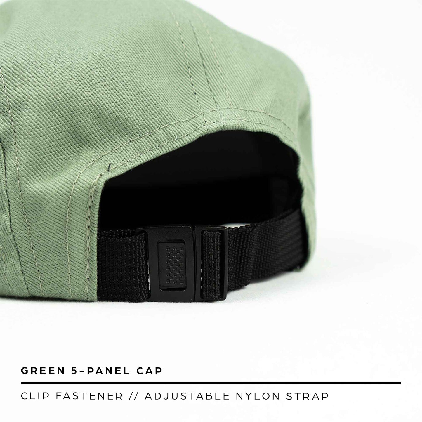 5 panel hat in green with nylon strap