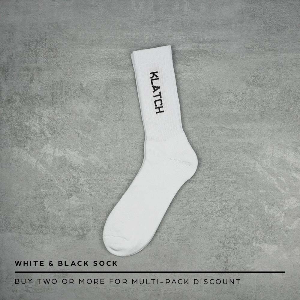 White & Black Text Crew Socks